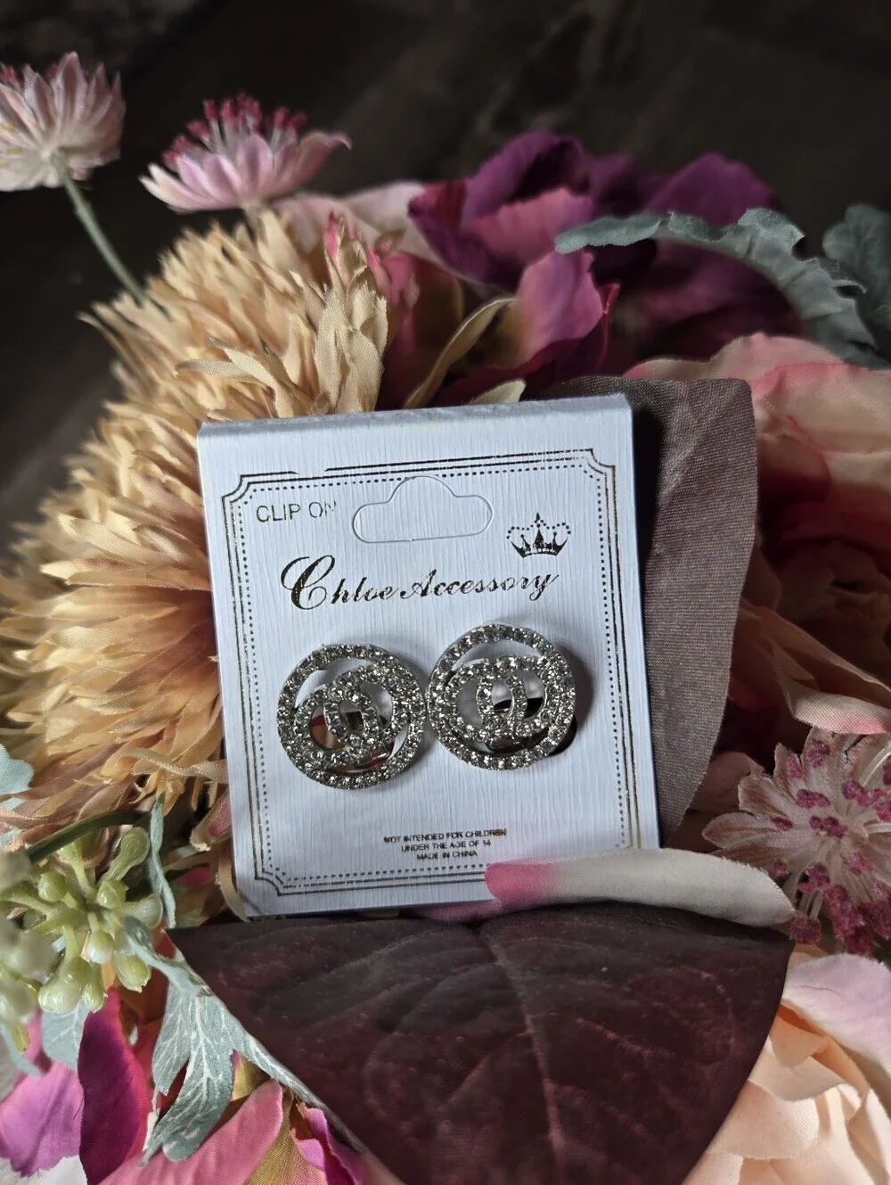 NWT Chloe Accessory Double Circle Silver Crystal Clip-On Earrings Women's